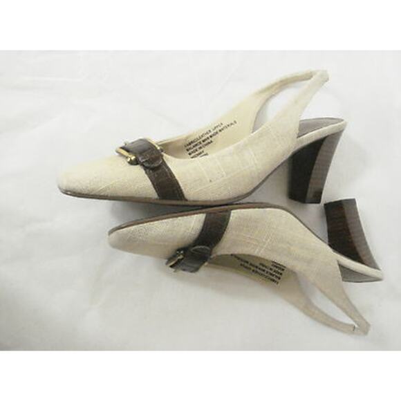 ETIENNE AIGNER MIDWAY LINEN LOOK FABRIC BROWN LEATHER SLINGBACK HEEL SHOE SZ 6M - Picture 7 of 8